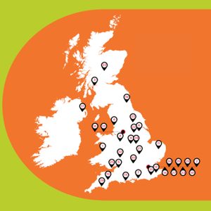 2025 Partner Theatre Map A map of the United Kingdom and Ireland over a vibrant orange and green background, marked with numbered location pins indicating various points across the regions, from Scotland in the north to southern England and northern Ireland.