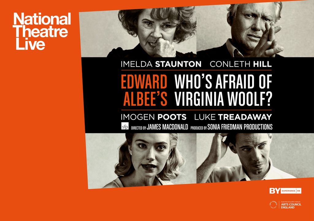 NT Live Virginia Woolf Listings Landscape INT (1) Four people in black and white can be seen pulling strong facial expressions into the camera.