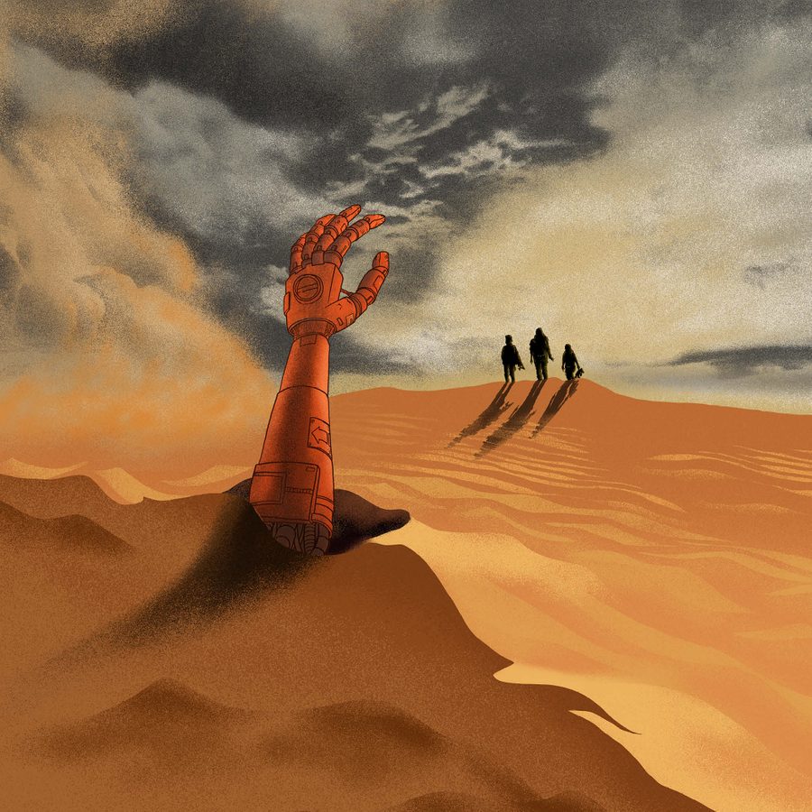 NTGDS_NF_TheLeftBehinds_Digital_2000 x 1000 A robotic arm is partially buried in desert sand with fingers reaching skyward. In the distance, three figures walk along a sand dune under a cloudy sky, casting long shadows.