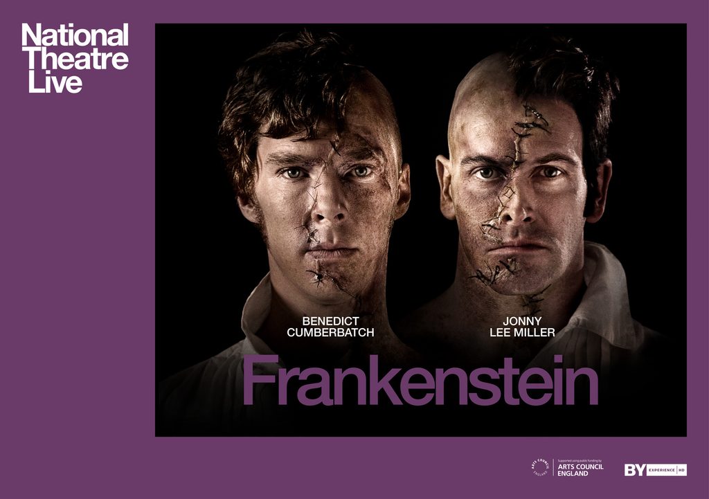 NTL 2018 - Frankenstein - Listing Image - Landscape (1) Benedict Cumberbatch and Jonny Lee Miller look forward. They both have stitches halfway down their face.