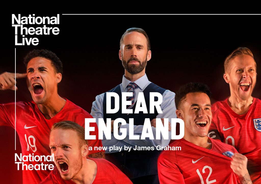 NTL 2024 Dear England Listing Image 4 men dressed as England footballers cheer and stand around a man wearing a suit who holds his arms crossed.