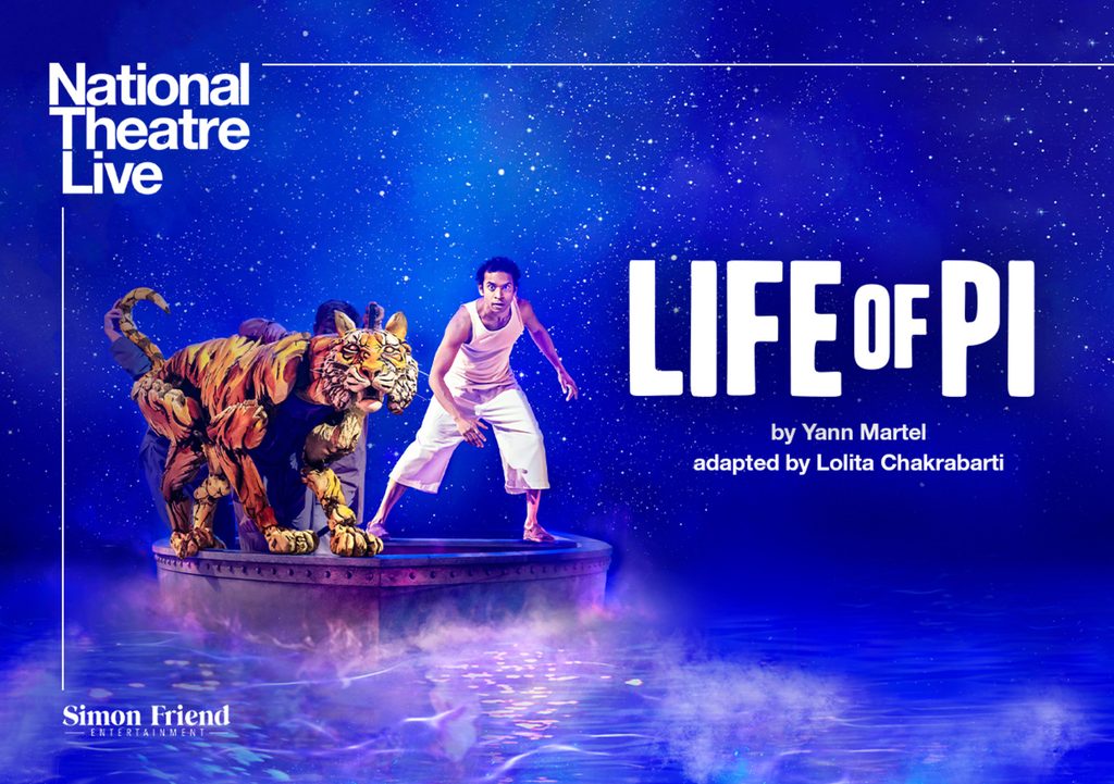 NTL Life of Pi Listing Image Landscape A tiger and a man stand on a boat above a sea.