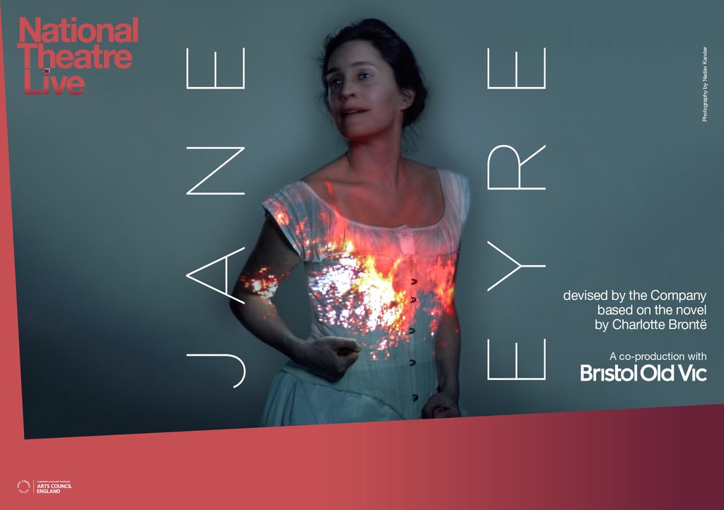 NTLive_JaneEyre_DigitalA5Landscape_NoBye (1) A woman wears a white dress which glows red.