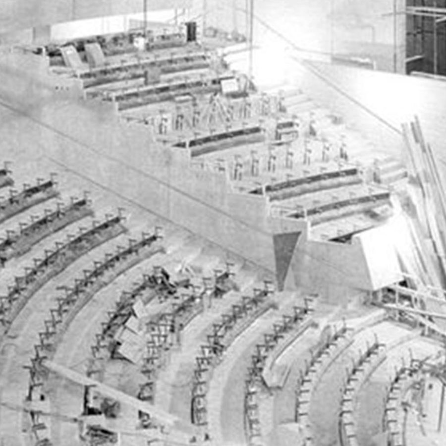 OnlineExhibitions-Olivierunderconstruction-2000x1000 A monochrome photograph of the Olivier Theatre under construction in the early 1970s