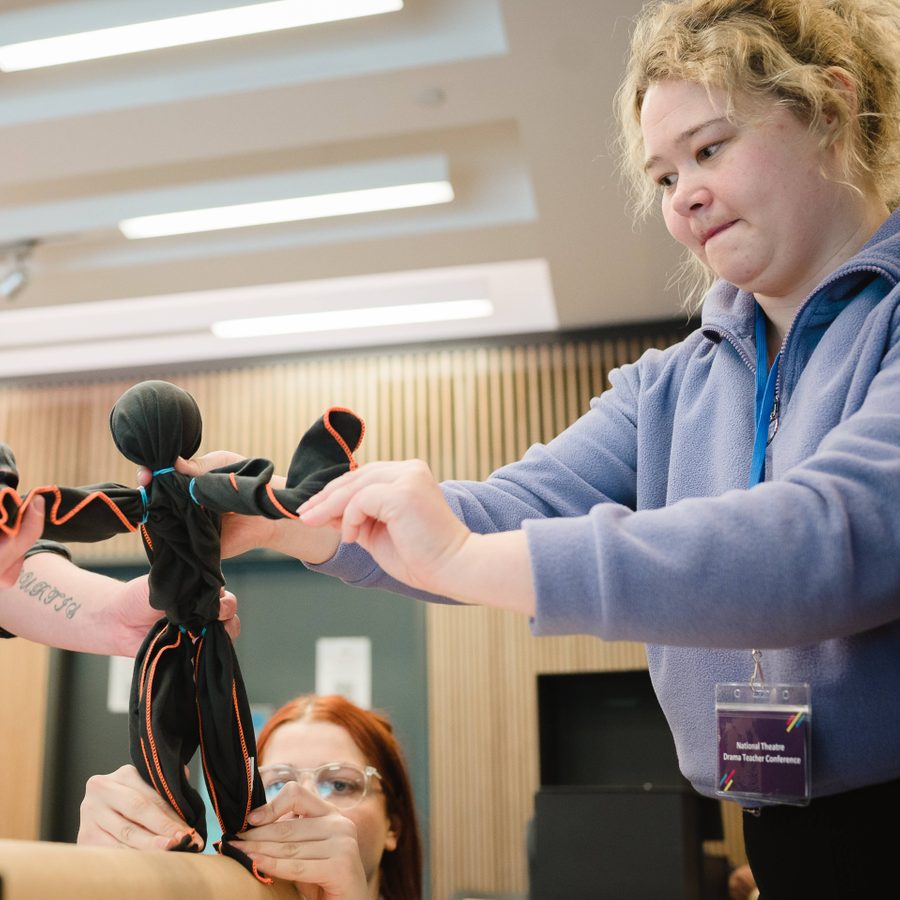Table-Top-Puppetry-Gecko-DramaTeacherConference-Emma-Hare-17-18-Feb-1-scaled-aspect-ratio-2000-1000 Two teachers manipulating a puppet, 2023 Drama Teacher Conference