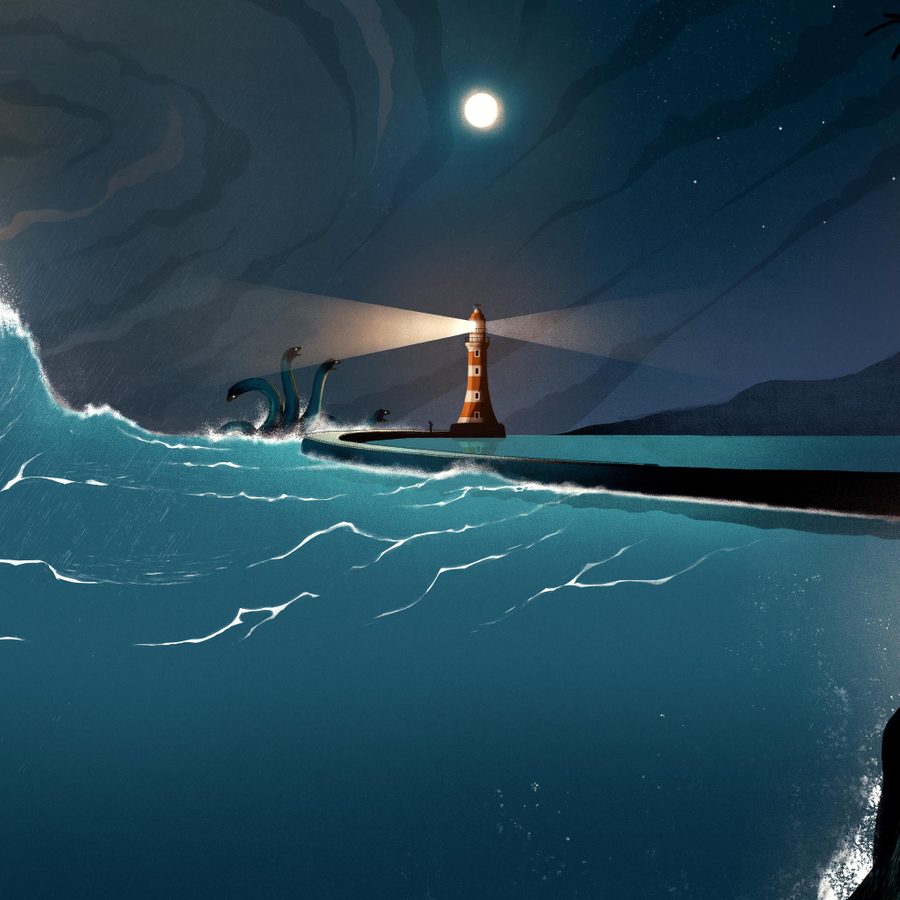 The-Odyssey-Part-4-masthead-2000x1000 A ship with sail and oars caught in a storm and a three-headed sea monster approaching a lighthouse.